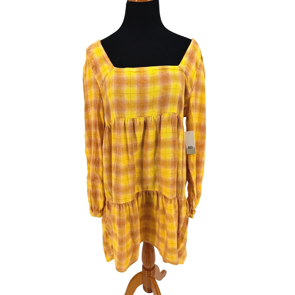 BP Womens Yellow‎ Orange Plaid Tiered Babydoll Dress Square Neck Long Sleeve M